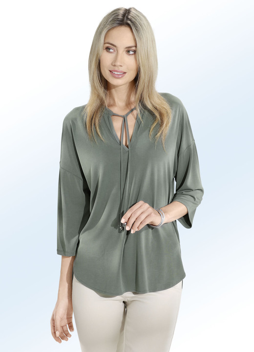 Damenmode - Shirt mit Bindeband in 2 Farben, in Größe 034 bis 052, in Farbe KHAKI