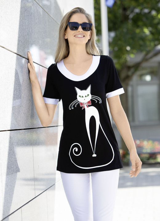 Mode - Longshirt mit Katzen-Motiv, in Größe 038 bis 056, in Farbe SCHWARZ