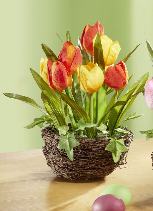 Kunst- & Textilpflanzen - Tulpen im Weidekorb, in Farbe GELB-ORANGE, in Ausführung Gelb-Organge, gross Ansicht 1