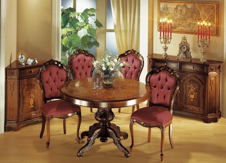 Esszimmer - Elegante Esstische mit ausziehbarer Tischplatte, in Farbe NUSSBAUM, in Ausführung Tisch rund Ansicht 1