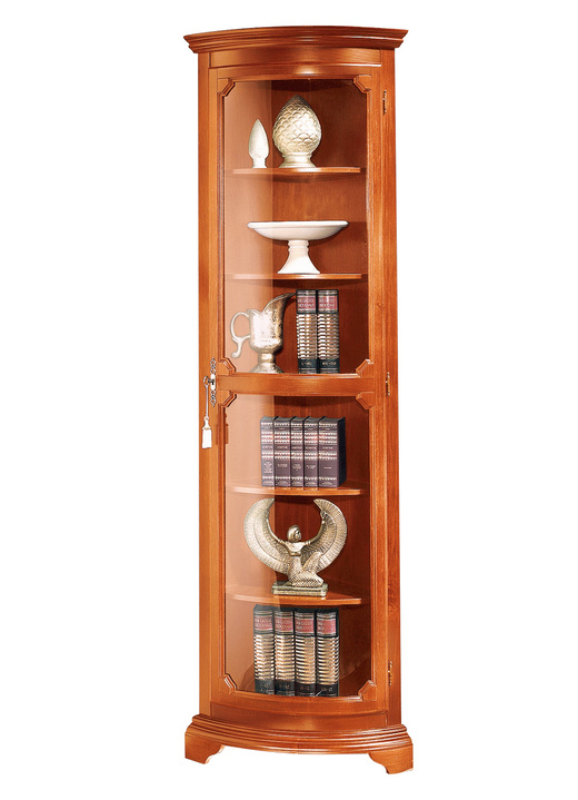 Vitrinen & Highboards - Teilmassive Eckvitrine mit gebogenen Glastüren mit Schloss, in Farbe KIRSCHBAUM, in Ausführung klein, 1-türig Ansicht 1
