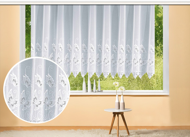 Klassisch - Store mit Plauener Stickerei, in Größe 050 (90x300 cm) bis 161 (175x600 cm), in Farbe WEISS Ansicht 2