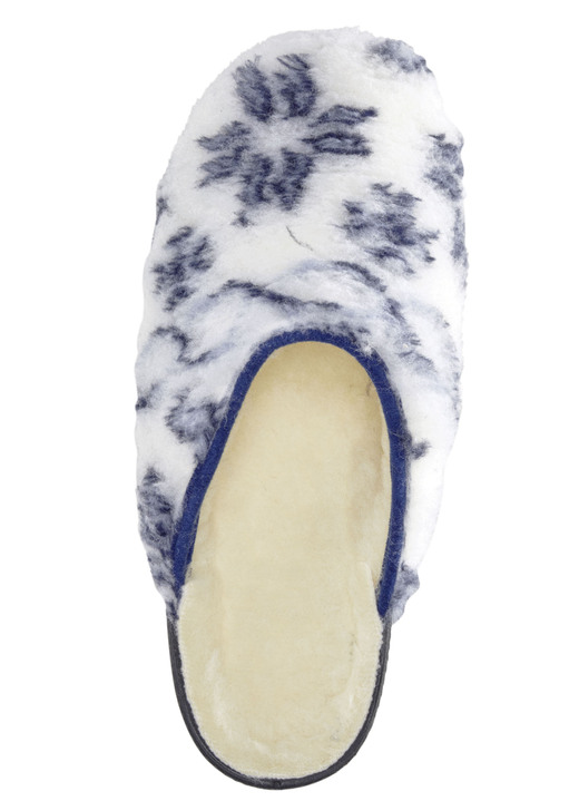 Hausschuhe - Pantoffel aus bedrucktem Plüschmaterial, in Größe 036 bis 043, in Farbe ECRU-BLAU Ansicht 2