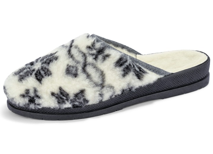 Hausschuhe - Pantoffel aus bedrucktem Plüschmaterial, in Größe 036 bis 043, in Farbe ECRU-BLAU Ansicht 4