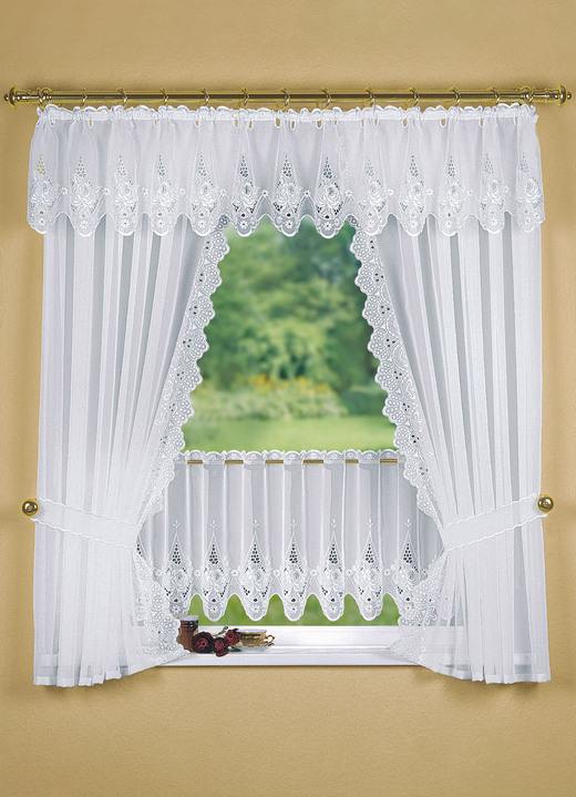 Landhaus & Küche - Fensterdekoration mit aufwendiger Plauener Stickerei, in Größe 320 (Seitenschal-Garnitur, H100xB70 cm) bis 783 (Kurzstore, H44xB300 cm), in Farbe WEISS Ansicht 1