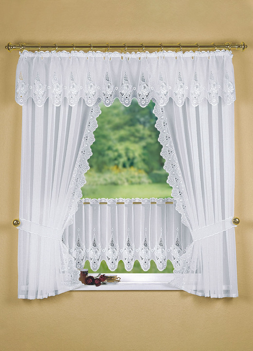 Landhaus & Küche - Fensterdekoration mit aufwendiger Plauener Stickerei, in Größe 320 (Seitenschal-Garnitur, H100xB70 cm) bis 783 (Kurzstore, H44xB300 cm), in Farbe WEISS Ansicht 5