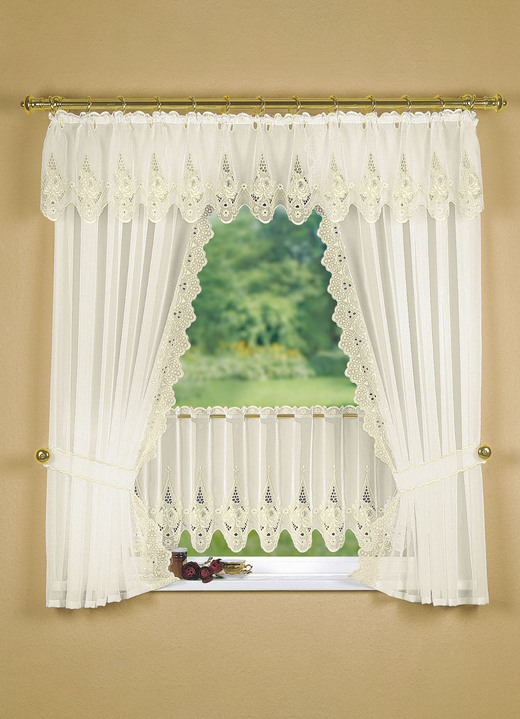 Landhaus & Küche - Fensterdekoration mit aufwendiger Plauener Stickerei, in Größe 320 (Seitenschal-Garnitur, H100xB70 cm) bis 783 (Kurzstore, H44xB300 cm), in Farbe WEISS Ansicht 3