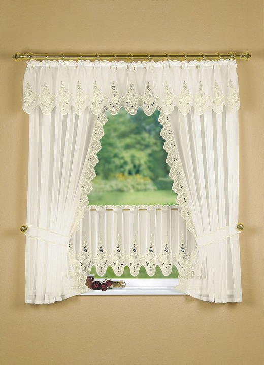 Landhaus & Küche - Fensterdekoration mit aufwendiger Plauener Stickerei, in Größe 320 (Seitenschal-Garnitur, H100xB70 cm) bis 783 (Kurzstore, H44xB300 cm), in Farbe WEISS Ansicht 2