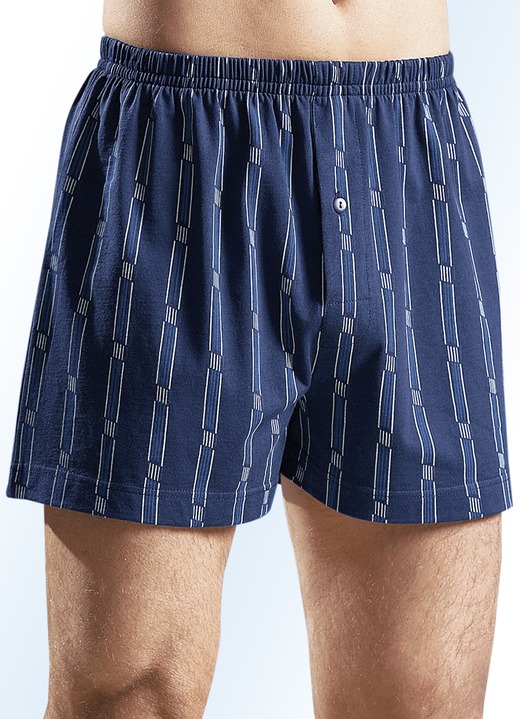 Unterwäsche - Viererpack Boxershorts, bunt dessiniert, in Größe 005 bis 016, in Farbe 2X INDIGO-KOBALT-WEISS, 2X BORDEAUX-KOBALT-WEISS