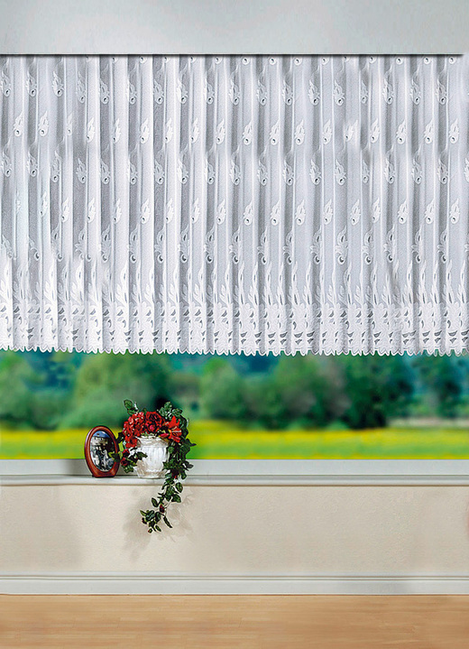 Klassisch - Hinreißender Blumenfenster-Store mit Universalschienenband, in Größe 145 (H125xB600 cm) bis 184 (H175xB750 cm), in Farbe WEISS Ansicht 1