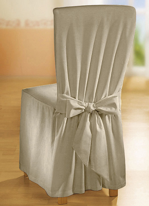 Sessel- & Sofaüberwürfe - Elegante Stuhlhusse mit Bindebändern, in Größe 106 (Stuhlhusse) bis 112 (Stuhlhusse, 2er-Set), in Farbe SAND Ansicht 1