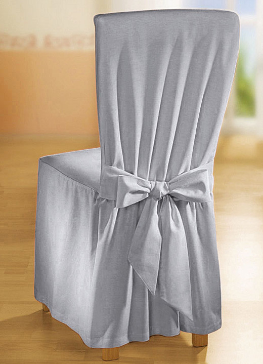 Sessel- & Sofaüberwürfe - Elegante Stuhlhusse mit Bindebändern, in Größe 106 (Stuhlhusse) bis 112 (Stuhlhusse, 2er-Set), in Farbe SILBER Ansicht 1