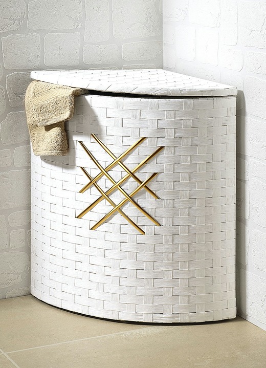 Badmöbel - Wäschekorb aus Groundwood mit Goldglitter-Applikation, in Farbe ALTWEIß, in Ausführung Eck-Wäschekorb, klein Ansicht 1