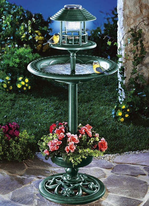 Gartendekoration - Vogelbad mit überdachtem Futterbehälter, in Farbe GRÜN, in Ausführung mit Solarleuchte Ansicht 1