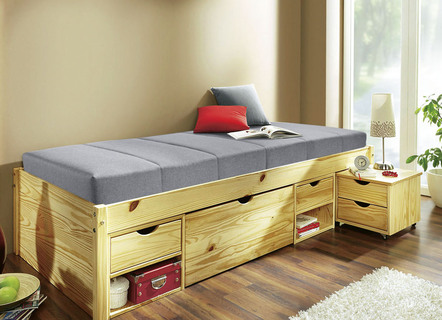 Betten - Funktionsbett aus massivem Kiefernholz, in Farbe WEISS – Farbe NATUR – Ansicht 