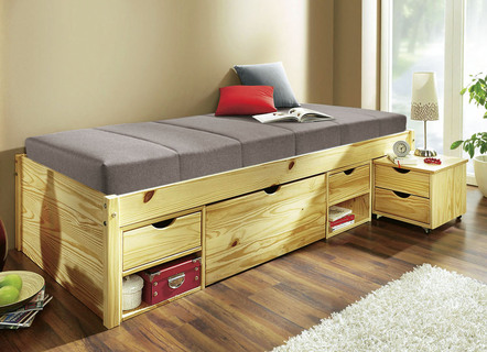 Betten - Funktionsbett aus massivem Kiefernholz, in Farbe WEISS – Farbe NATUR – Ansicht 