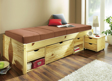 Betten - Funktionsbett aus massivem Kiefernholz, in Farbe WEISS – Farbe NATUR – Ansicht 