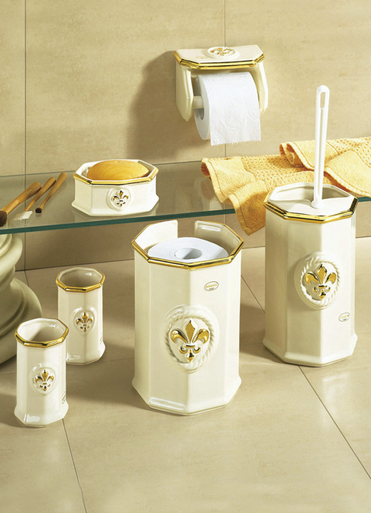 Accessoires - Handbemalte Badezimmeraccessoires aus glasierter Keramik, in Farbe CREME-GOLD, in Ausführung Toilettenpapierbehälter Ansicht 1