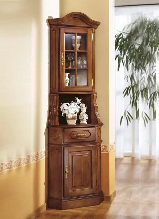 Vitrinen & Highboards - Eckvitrine mit eleganten, goldfarbenen Metallgriffen, in Farbe NUSSBAUM Ansicht 1