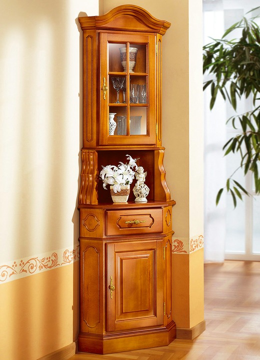 Vitrinen & Highboards - Eckvitrine mit eleganten, goldfarbenen Metallgriffen, in Farbe KIRSCHBAUM Ansicht 1