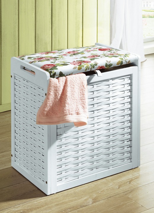 Badmöbel - Wäschesitzhocker mit herausnehmbarem Wäschesack, in Farbe WEISS-BEIGE, in Ausführung Sitzflächen-Bezug beige  (ohne Abbildung)