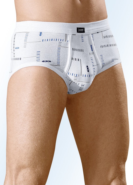 Unterwäsche - Viererpack Slips aus Feinripp mit Eingriff, bunt dessiniert, in Größe 005 bis 012, in Farbe 2X WEISS-BUNT, 2X HELLBLAU-BUNT