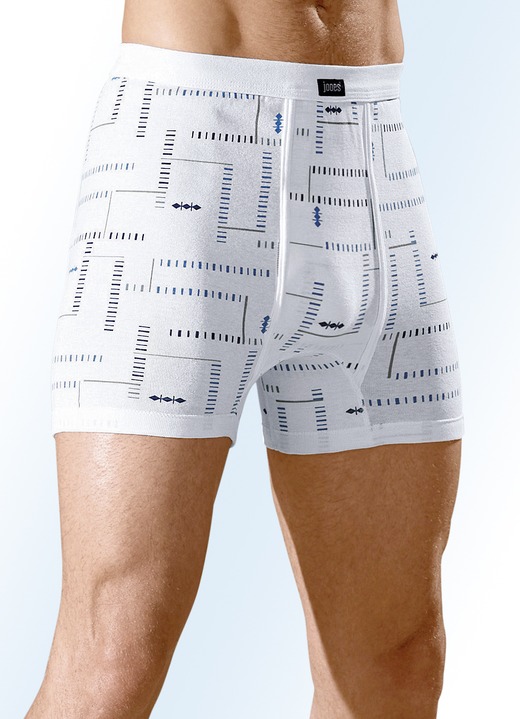 Unterwäsche - Dreierpack Unterhosen aus Feinripp mit Eingriff, bunt dessiniert, in Größe 005 bis 013, in Farbe 2X WEISS-BUNT, 1X HELLBLAU-BUNT
