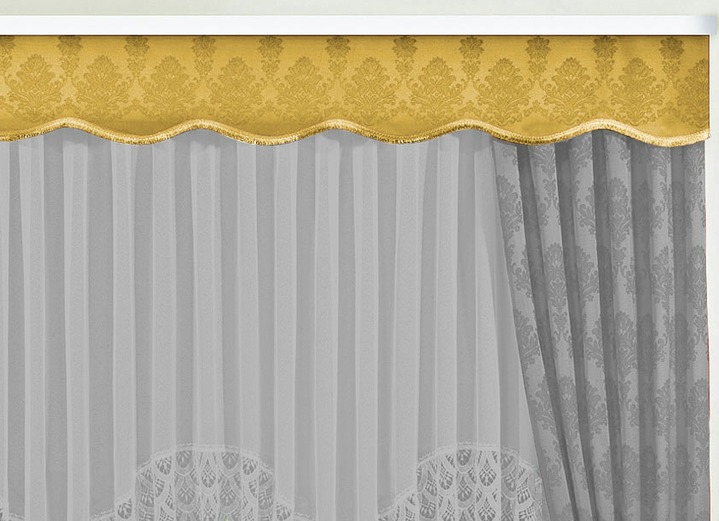 Klassisch - Apart gebogte Schabracke, in Größe 665 (30x165 cm) bis 685 (30x500 cm), in Farbe GOLD Ansicht 1
