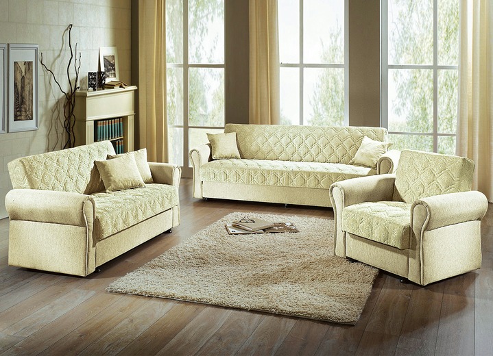 Polstermöbel - 3-teilige Polstergruppe mit Bettkasten, in Farbe BORDEAUX, in Ausführung Dreisitzer und 2 Sessel Ansicht 2