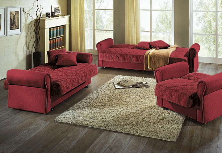 Polstermöbel - 3-teilige Polstergruppe mit Bettkasten, in Farbe BORDEAUX, in Ausführung Dreisitzer und 2 Sessel Ansicht 1