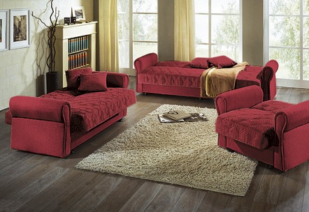 Polstermöbel - 3-teilige Polstergruppe mit Bettkasten, in Farbe BORDEAUX, in Ausführung Dreisitzer und 2 Sessel