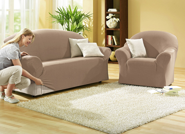 Sessel- & Sofaüberwürfe - Leicht melierte Stretchbezüge für Sessel und Sofa, in Größe 101 (Sessel-Bezug) bis 108 (Hocker-Bezug), in Farbe CAMEL Ansicht 1