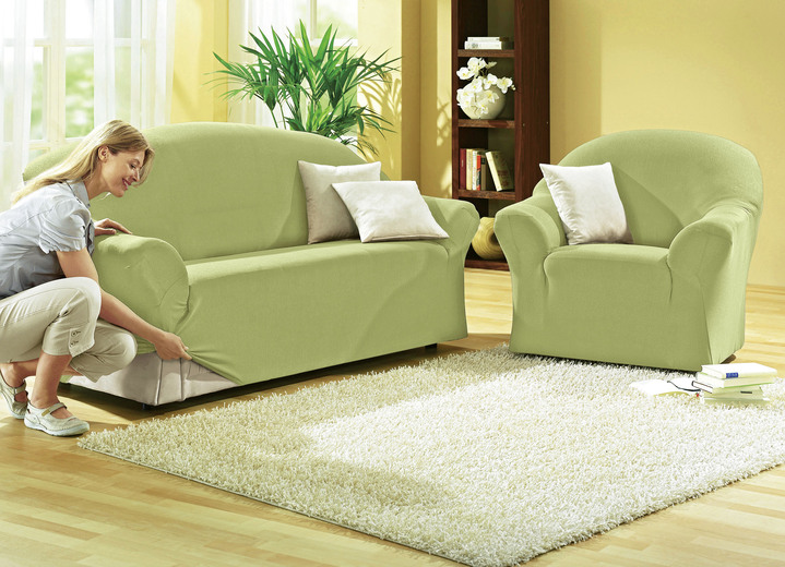 Sessel- & Sofaüberwürfe - Leicht melierte Stretchbezüge für Sessel und Sofa, in Größe 101 (Sessel-Bezug) bis 108 (Hocker-Bezug), in Farbe GRÜN Ansicht 1