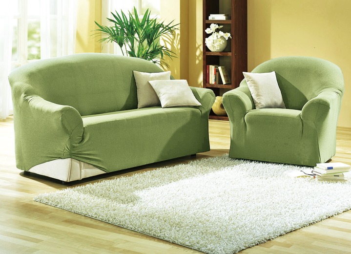Sessel- & Sofaüberwürfe - Leicht melierte Stretchbezüge für Sessel und Sofa, in Größe 101 (Sessel-Bezug) bis 108 (Hocker-Bezug), in Farbe GRÜN Ansicht 1