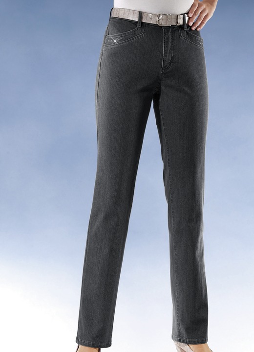 Jeans - Komfortjeans verziert mit Strasssteinen in 6 Farben, in Größe 018 bis 054, in Farbe SCHWARZ Ansicht 1