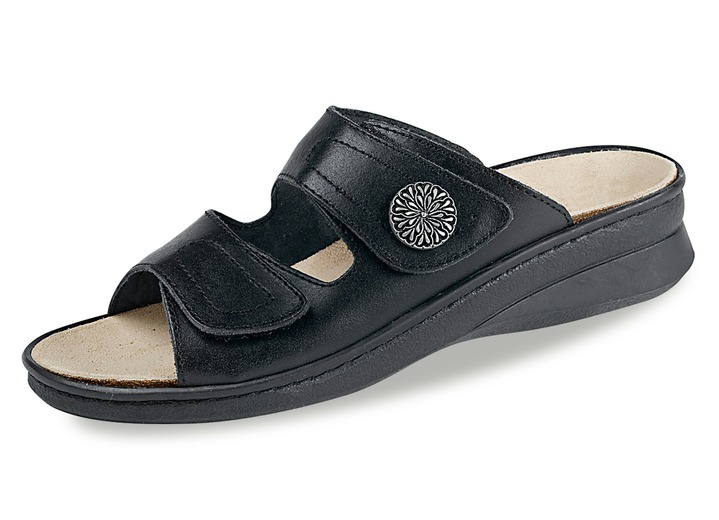 Komfortschuhe - Bequeme Pantoletten, mit herausnehmbarem Fußbett, in Größe 036 bis 042, in Farbe SCHWARZ Ansicht 1