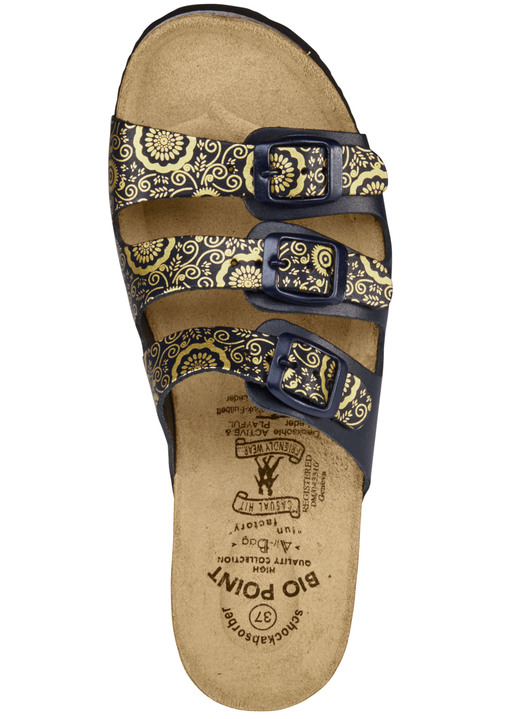 Komfortschuhe - Klassische Damen-Pantoletten, mit verstellbaren Spangen, in Größe 036 bis 042, in Farbe MARINE-GOLD Ansicht 2