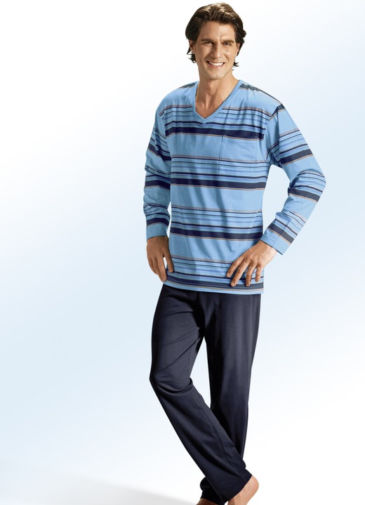 Nachtwäsche - Zweierpack Schlafanzüge mit V-Ausschnitt, Ringeldessin und Brusttasche, in Größe 046 bis 062, in Farbe 1X BEERE, 1X GRAU Ansicht 4