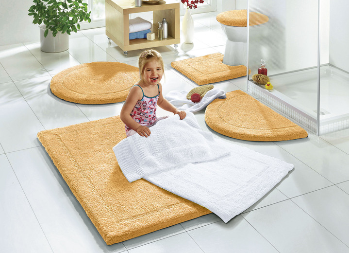 Badgarnituren - Bad-Wendegarnitur aus 100% Baumwolle, in Größe 100 (Vorleger halbrund, 50x 80 cm) bis 110 (Hänge WC Garnitur, 2-teilig), in Farbe GELB Ansicht 18