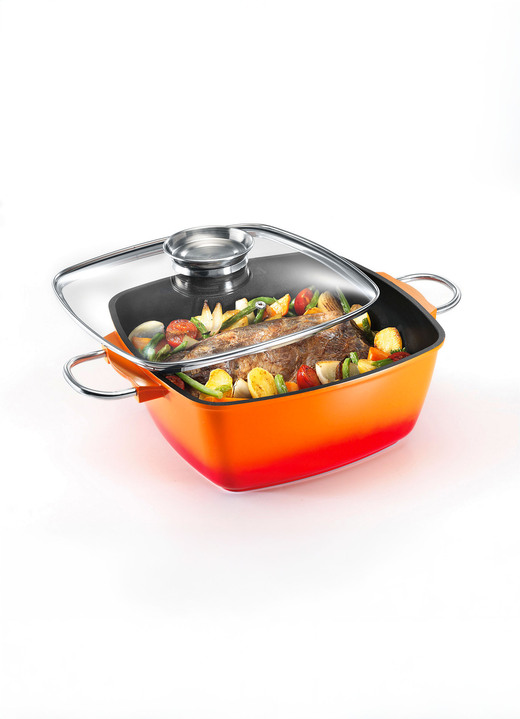 Töpfe, Pfannen & Bräter - Extra hoher Aluguss-Bräter von King mit Antihaft-Beschichtung, in Farbe ORANGE, in Ausführung Eckpfanne 20x20 cm: Inhalt 3 Liter Ansicht 1