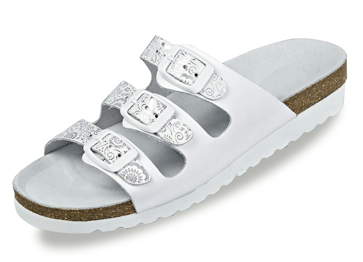 Komfortschuhe - Klassische Damen-Pantoletten, mit verstellbaren Spangen, in Größe 036 bis 042, in Farbe WEISS-SILBER Ansicht 1