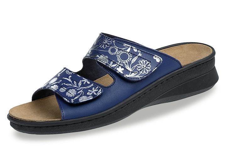 Komfortschuhe - Klassische Damen-Pantoletten, mit herausnehmbarem Fußbett, in Größe 036 bis 042, in Farbe BLAU Ansicht 1