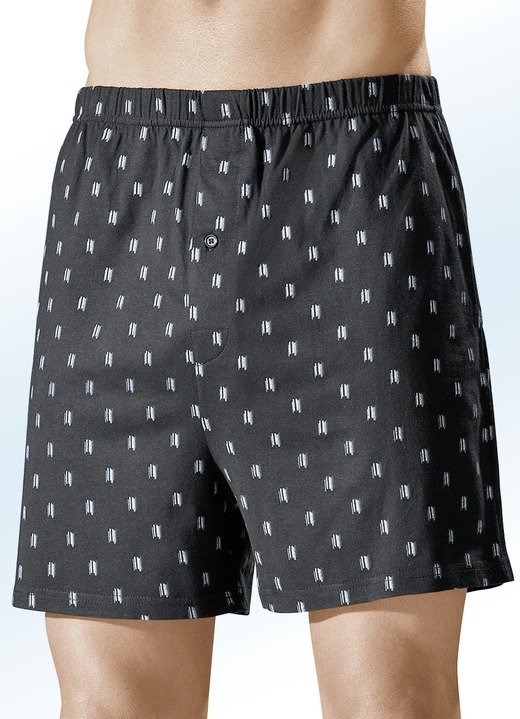 Unterwäsche - Viererpack Boxershorts, bunt dessiniert, in Größe 005 bis 016, in Farbe 2X SCHWARZ-BUNT, 2X TAUBENBLAU-BUNT