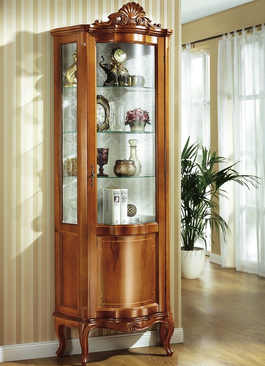 Vitrinen & Highboards - Vitrine mit Intarsien-Arbeiten an den Fronten, in Farbe KIRSCHBAUM, in Ausführung 1-türig
