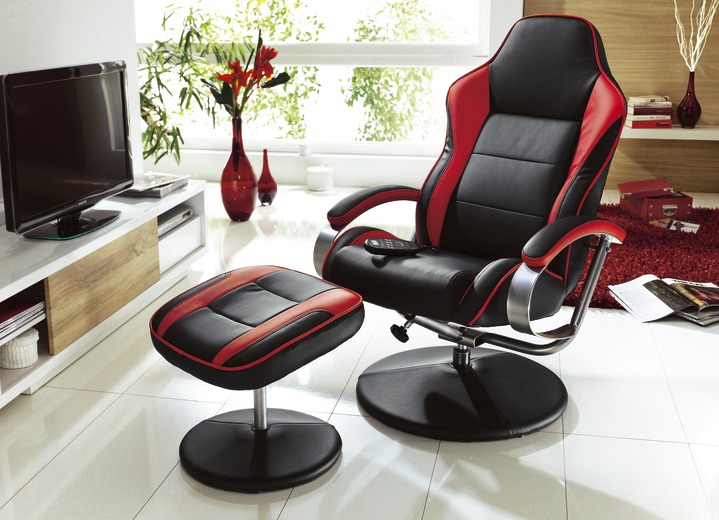 - Relax-Sessel mit Hocker, in Farbe SCHWARZ-ROT, in Ausführung Ohne Massagefunktion