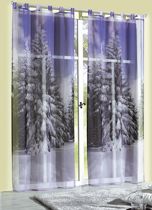 Modern - Übergardine mit  digitalbedrucktem Winterwald Dessin, in Größe 365 (H145xB120 cm) bis 572 (H245xB120 cm), in Farbe , in Ausführung mit Schlaufen
