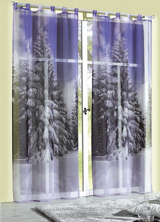 Modern - Übergardine mit  digitalbedrucktem Winterwald Dessin, in Größe 365 (H145xB120 cm) bis 572 (H245xB120 cm), in Farbe , in Ausführung mit Universalschienenband