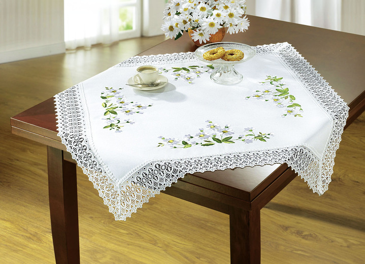 Tischdecken - Raumdekoration mit Gänseblümchen-Stickerei und zarter Häkelspitze, in Größe 130 (Deckchen, 40/ 40 cm) bis 404 (Kissenhülle, 40/ 40 cm), in Farbe WEISS Ansicht 2