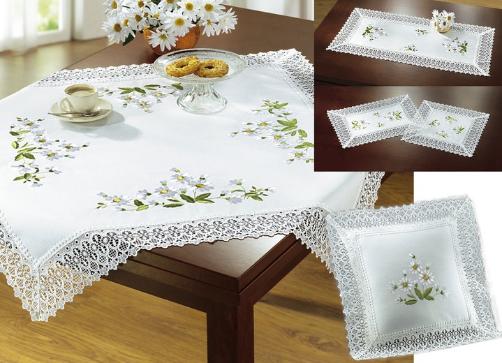 Tischdecken - Pflegeleichte Tisch- und Raumdekoration mit Gänseblümchen-Stickerei, in Größe 130 (Deckchen, 40/ 40 cm) bis 404 (Kissenhülle, 40/ 40 cm), in Farbe WEISS