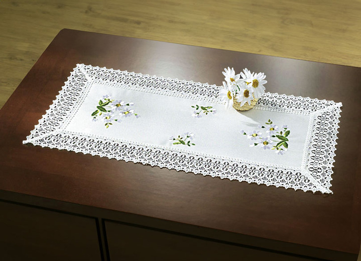 Tischdecken - Raumdekoration mit Gänseblümchen-Stickerei und zarter Häkelspitze, in Größe 130 (Deckchen, 40/ 40 cm) bis 404 (Kissenhülle, 40/ 40 cm), in Farbe WEISS Ansicht 3
